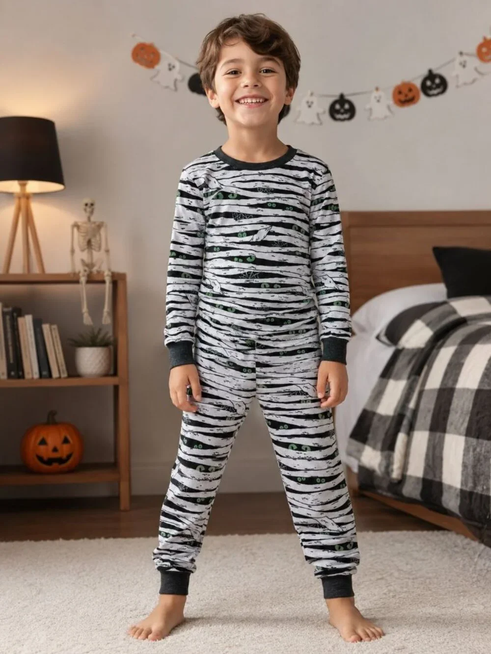 two-piece children's pajama set a white mummy bandage wrap glowing green eyes 6